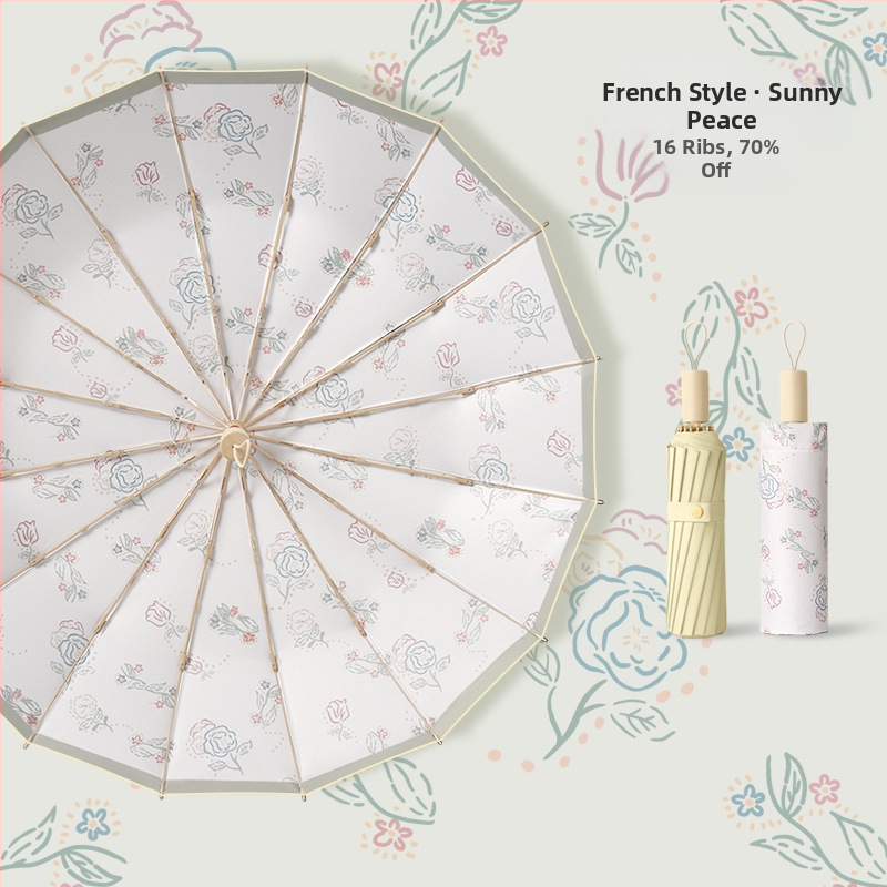 Ομπρέλα ήλίου με 16 βέργες, χειροκίνητο άνοιγμα, UV προστασία UPF 50+, βέργες από κράμα, λαβή από σκληρό ξύλο