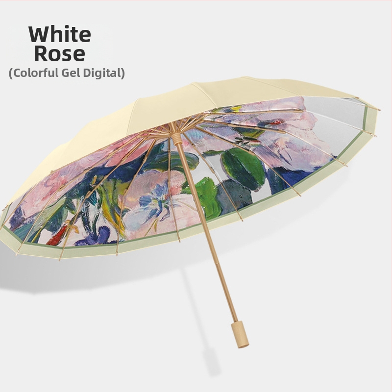 Ομπρέλα ήλίου με 16 βέργες, χειροκίνητο άνοιγμα, UV προστασία UPF 50+, βέργες από κράμα, λαβή από σκληρό ξύλο