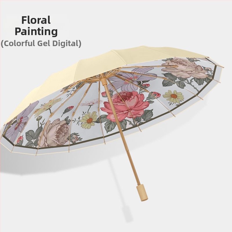 Ομπρέλα ήλίου με 16 βέργες, χειροκίνητο άνοιγμα, UV προστασία UPF 50+, βέργες από κράμα, λαβή από σκληρό ξύλο