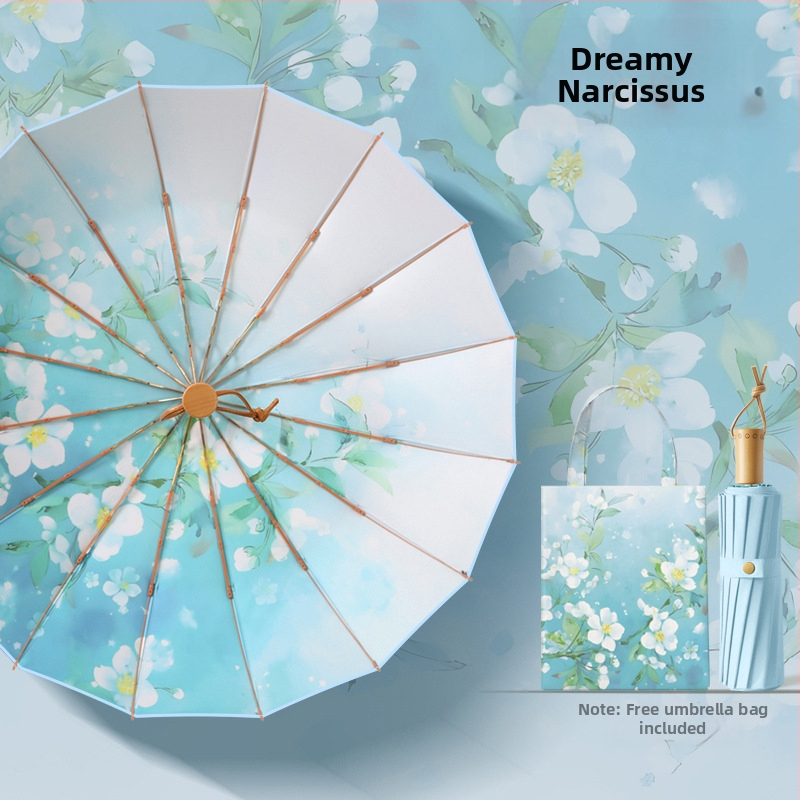 Senovinio stiliaus skėtis su 16 aliuminio rėmų, sulankstomas, UV apsauga UPF50+, 170T audinys