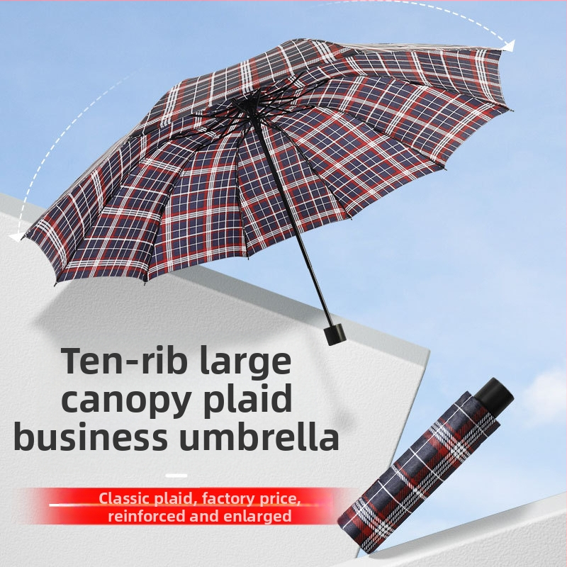 Κλασική καρό ομπρέλα, χειροκίνητη αναδιπλούμενη, unisex, ελαφριά, σιδερένιος σκελετός με 10 ακτίνες, λαβή από καουτσούκ, ύφασμα 170T, δυνατότητα εκτύπωσης λογότυπου