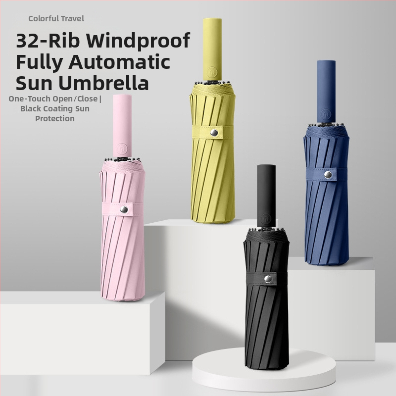 Сгъваем чадър за слънце със 16 ребра, автоматично отваряне, UPF > 50 UV защита, метална пръчка и пластмасова дръжка, възможност за печат на лого