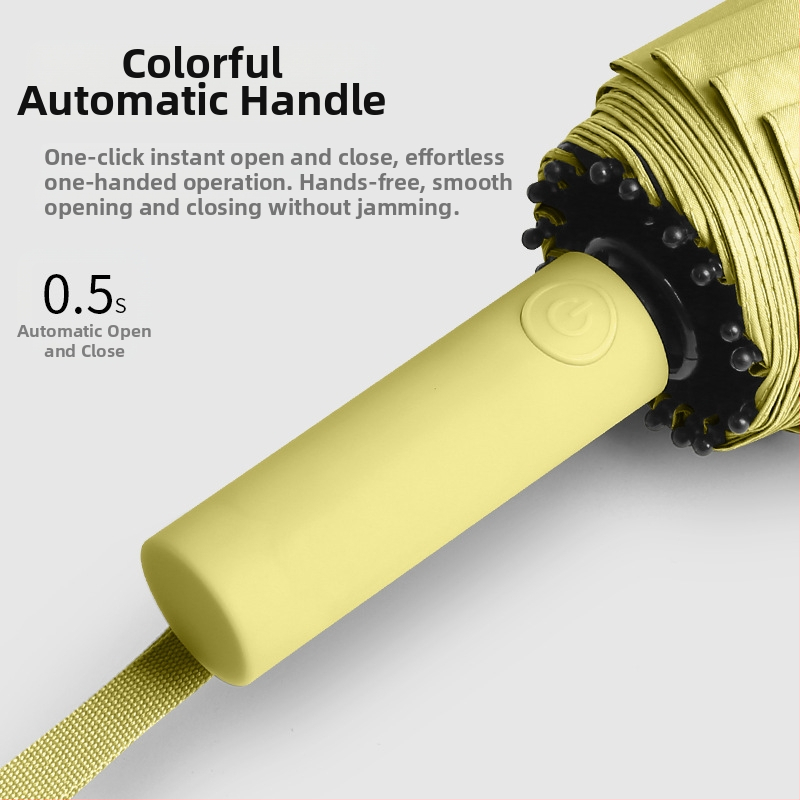 Сгъваем чадър за слънце със 16 ребра, автоматично отваряне, UPF > 50 UV защита, метална пръчка и пластмасова дръжка, възможност за печат на лого