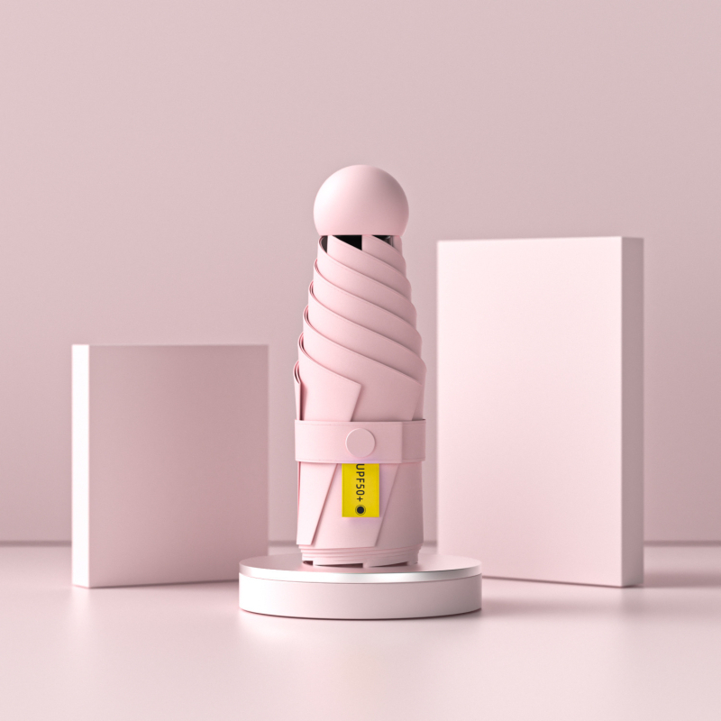 Umbrelă capsulă cu cinci segmente, de buzunar, protecție UV UPF50+, țesătură 190T, 6 brațe, tijă din oțel, mâner din plastic, deschidere manuală, umbrelă publicitară