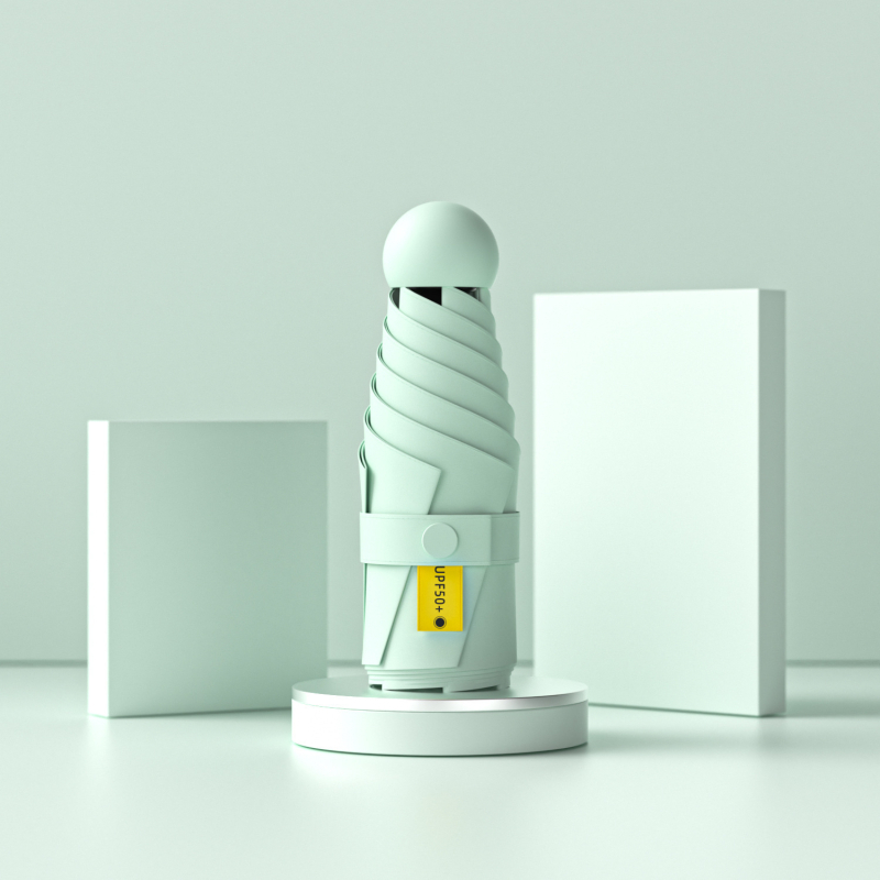 Umbrelă capsulă cu cinci segmente, de buzunar, protecție UV UPF50+, țesătură 190T, 6 brațe, tijă din oțel, mâner din plastic, deschidere manuală, umbrelă publicitară