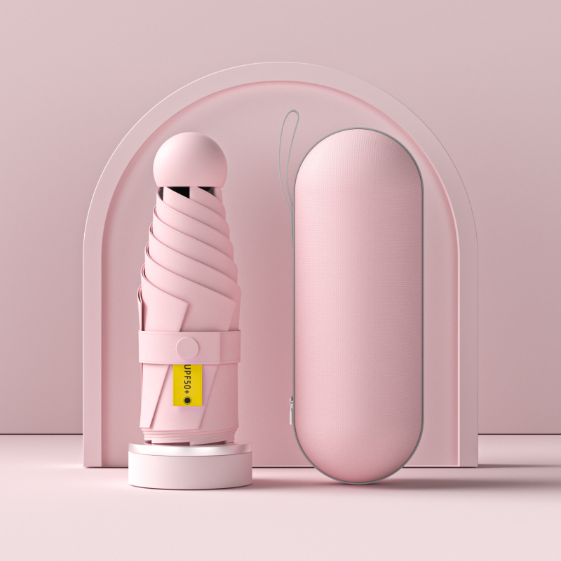 Umbrelă capsulă cu cinci segmente, de buzunar, protecție UV UPF50+, țesătură 190T, 6 brațe, tijă din oțel, mâner din plastic, deschidere manuală, umbrelă publicitară