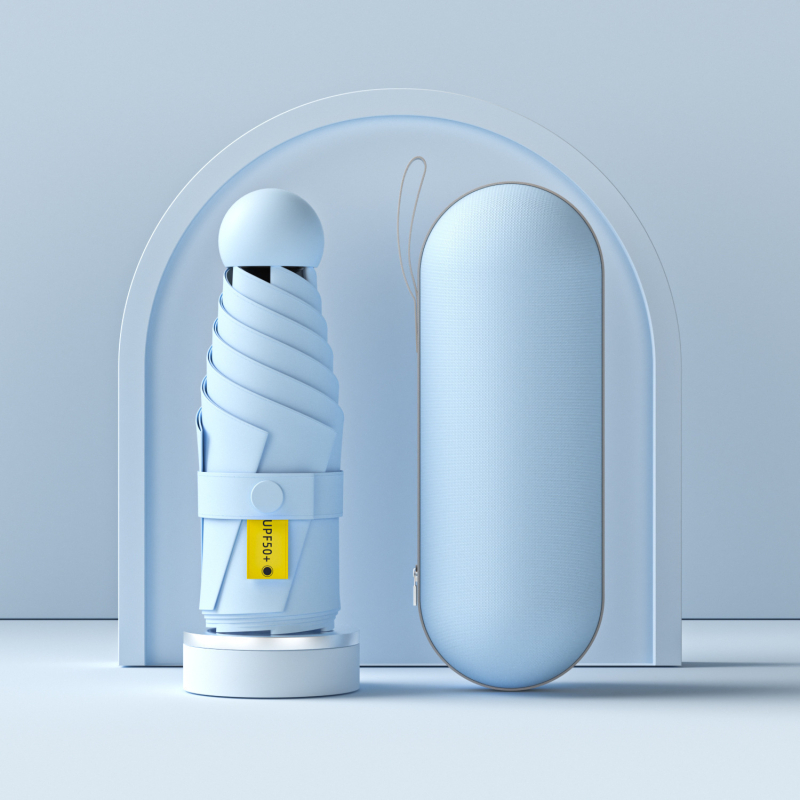 Umbrelă capsulă cu cinci segmente, de buzunar, protecție UV UPF50+, țesătură 190T, 6 brațe, tijă din oțel, mâner din plastic, deschidere manuală, umbrelă publicitară