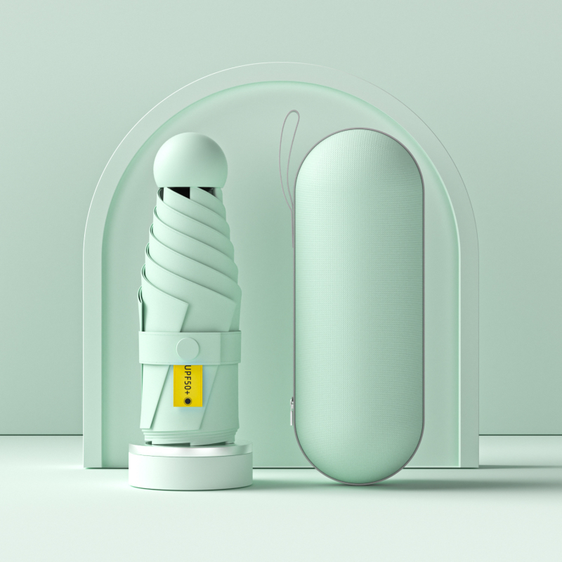 Umbrelă capsulă cu cinci segmente, de buzunar, protecție UV UPF50+, țesătură 190T, 6 brațe, tijă din oțel, mâner din plastic, deschidere manuală, umbrelă publicitară