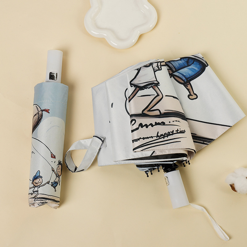 Automatinis skėtis nuo saulės ir lietaus studentams, 8 rėmų strypai, retro trijų dalių dizainas, UPF50+, lengvas