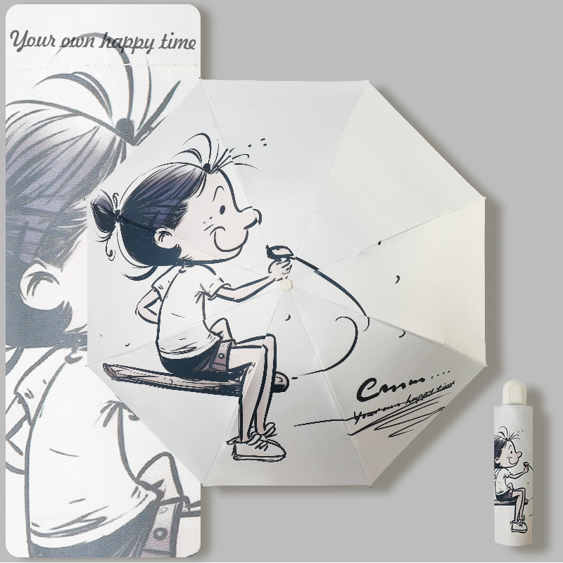 Automatinis skėtis nuo saulės ir lietaus studentams, 8 rėmų strypai, retro trijų dalių dizainas, UPF50+, lengvas