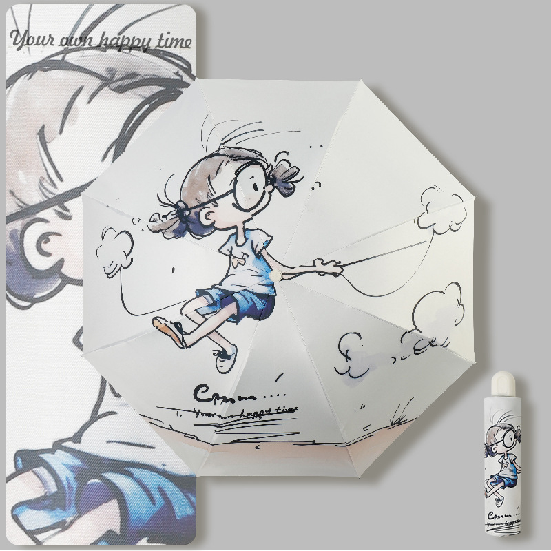 Automatinis skėtis nuo saulės ir lietaus studentams, 8 rėmų strypai, retro trijų dalių dizainas, UPF50+, lengvas