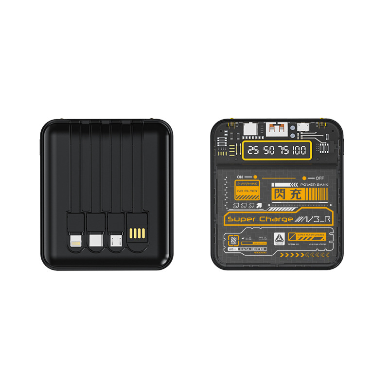 Power Bank 10000mAh cu cablu încorporat, stil industrial, baterie litiu-ion, intrare 5V, ieșire 10W QC2.0