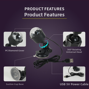 USB автомобилна атмосфера светлина с мигащи LED диоди, вакуумно закрепване, PVC абажур, ≤36V, захранване от гнездо