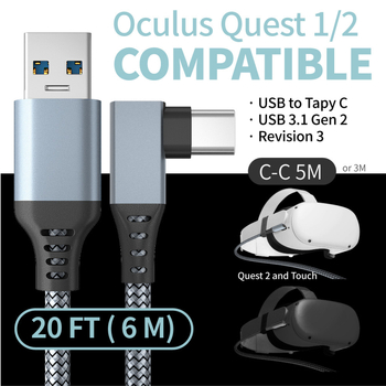 Oculus Quest 2 USB-C кабел с 90° ъгъл за VR (USB-C, 60W, 5GB, алуминиева сплав, съвместим с Oculus Quest)