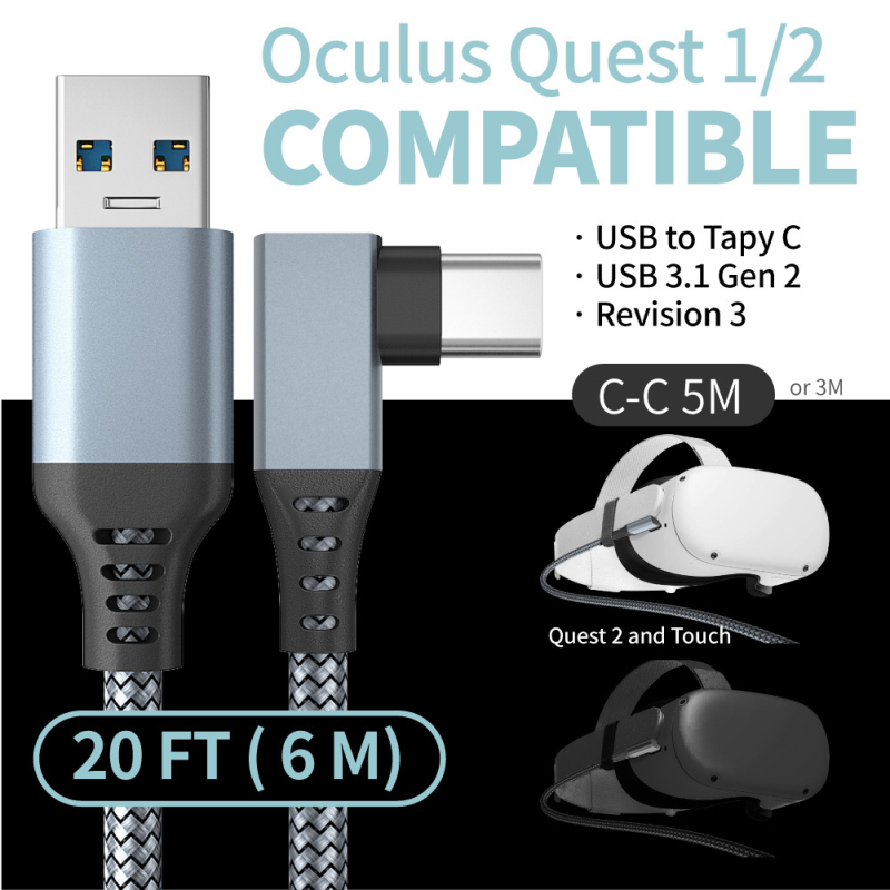 Oculus Quest 2 USB-C кабел с 90° ъгъл за VR (USB-C, 60W, 5GB, алуминиева сплав, съвместим с Oculus Quest)