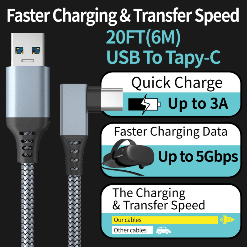 Oculus Quest 2 USB-C кабел с 90° ъгъл за VR (USB-C, 60W, 5GB, алуминиева сплав, съвместим с Oculus Quest)