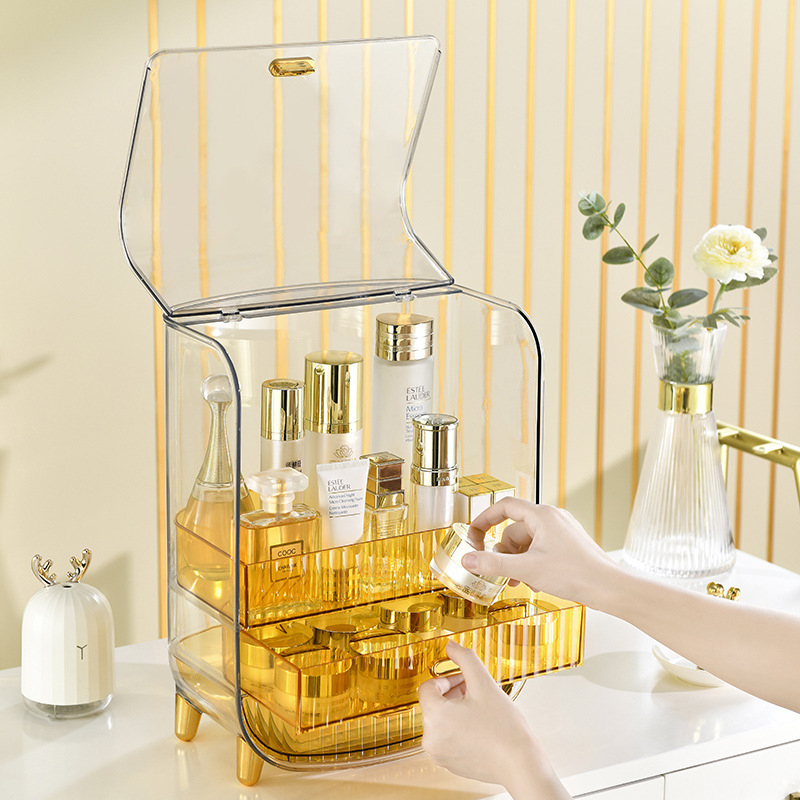 Lagani luksuzni prozirni kozmetički organizator s poklopcem, ladica-tipa, višeslojni stolni organizator za kozmetiku, PET materijal, tisak logotipa, mogućnost prilagodbe