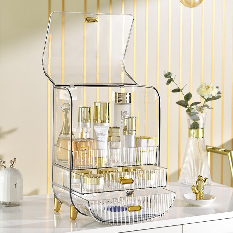 Šviesaus luksuso skaidrus makiažo laikymo dėklas su dangteliu, stalčiu tipo daugiapakopis stalinis organizatorius makiažui, PET medžiaga, logotipo spausdinimas, pritaikymas