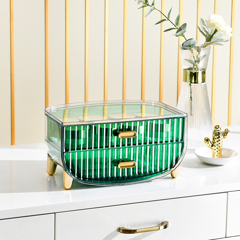 Šviesaus luksuso skaidrus makiažo laikymo dėklas su dangteliu, stalčiu tipo daugiapakopis stalinis organizatorius makiažui, PET medžiaga, logotipo spausdinimas, pritaikymas