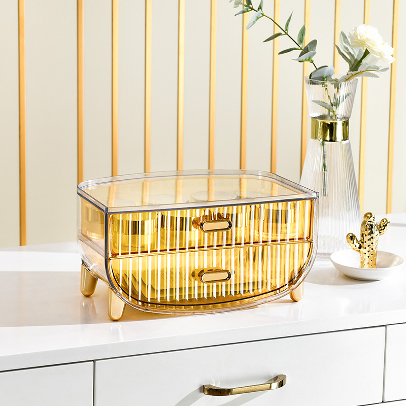 Šviesaus luksuso skaidrus makiažo laikymo dėklas su dangteliu, stalčiu tipo daugiapakopis stalinis organizatorius makiažui, PET medžiaga, logotipo spausdinimas, pritaikymas