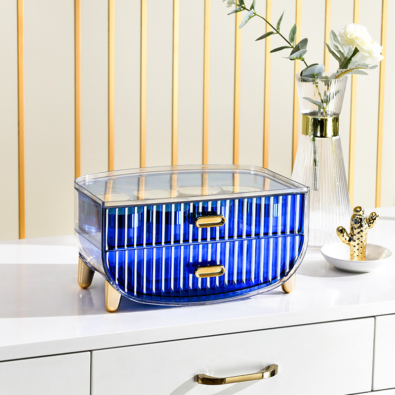 Šviesaus luksuso skaidrus makiažo laikymo dėklas su dangteliu, stalčiu tipo daugiapakopis stalinis organizatorius makiažui, PET medžiaga, logotipo spausdinimas, pritaikymas