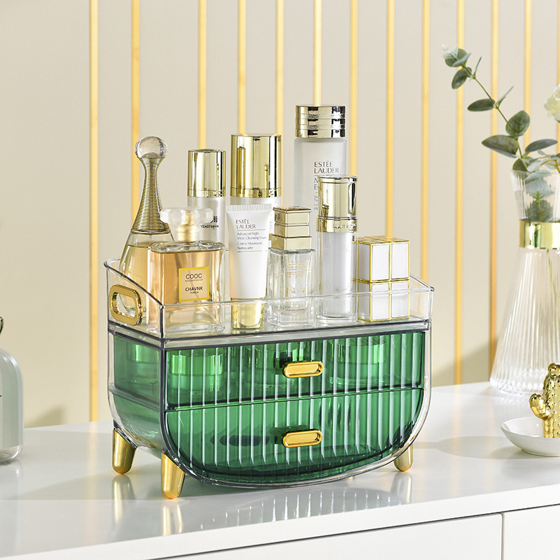 Šviesaus luksuso skaidrus makiažo laikymo dėklas su dangteliu, stalčiu tipo daugiapakopis stalinis organizatorius makiažui, PET medžiaga, logotipo spausdinimas, pritaikymas