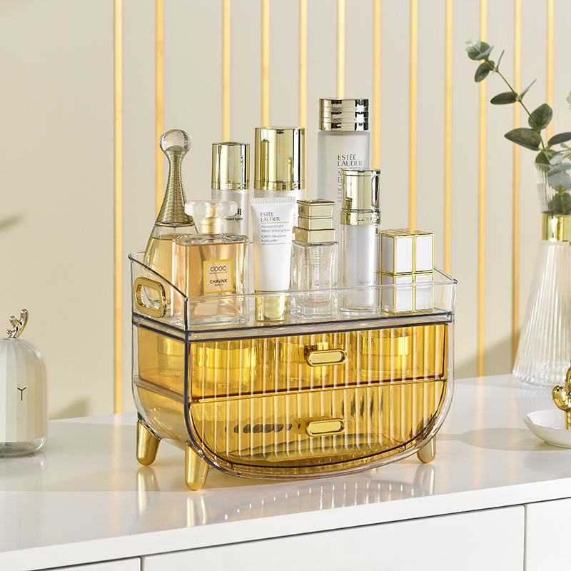 Šviesaus luksuso skaidrus makiažo laikymo dėklas su dangteliu, stalčiu tipo daugiapakopis stalinis organizatorius makiažui, PET medžiaga, logotipo spausdinimas, pritaikymas