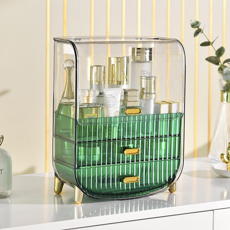 Šviesaus luksuso skaidrus makiažo laikymo dėklas su dangteliu, stalčiu tipo daugiapakopis stalinis organizatorius makiažui, PET medžiaga, logotipo spausdinimas, pritaikymas