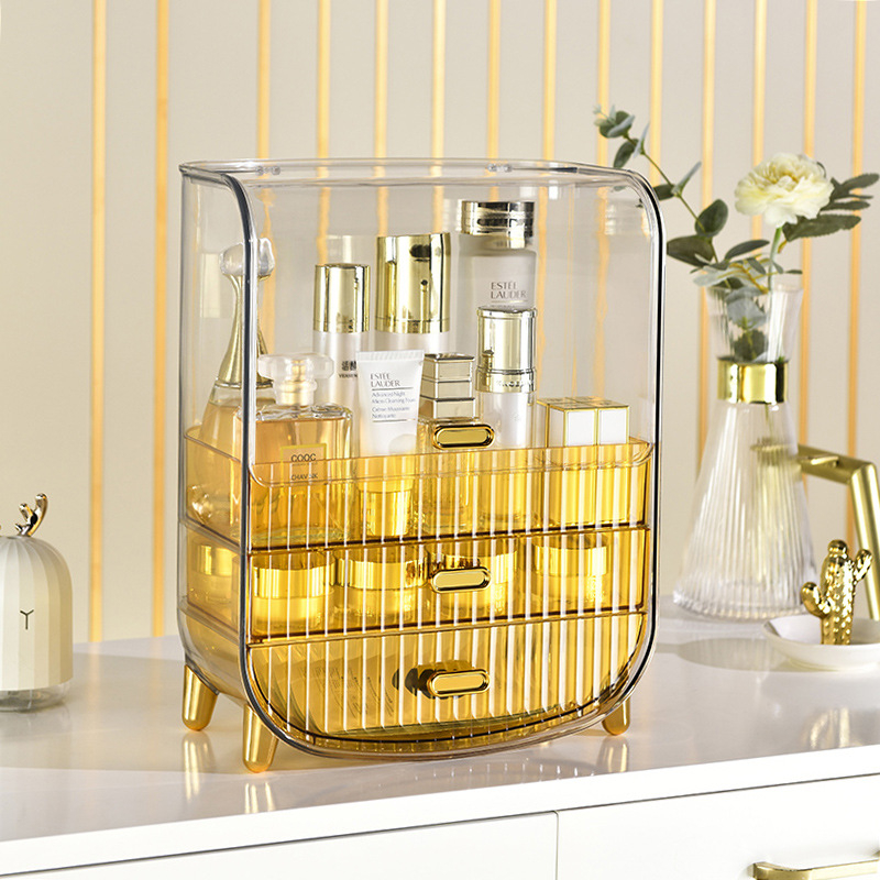 Šviesaus luksuso skaidrus makiažo laikymo dėklas su dangteliu, stalčiu tipo daugiapakopis stalinis organizatorius makiažui, PET medžiaga, logotipo spausdinimas, pritaikymas