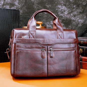 Делови чанта за документи от първокласна телешка кожа със презрамка за мъже, голям капацитет, съвместима с лаптоп 15-инчов, износоустойчива (Материал: първокласна телешка кожа; Подходящ за лаптоп: 15-инчов; Стил: бизнес; Обивка: полиестер)