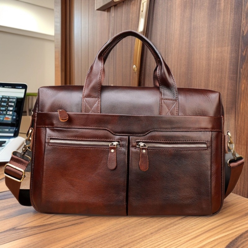 Geantă de afaceri din piele de vită de primă mână, cu curea de umăr pentru bărbați, mare capacitate, compatibilă cu laptop 15 inch, rezistentă la uzură (Material: piele de vită de primă mână; Compatibil cu laptopul: 15 inch; Stil: călătorii de afaceri; Cap