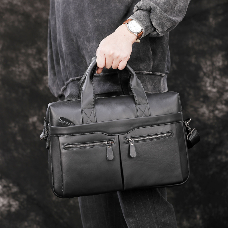 Geantă de afaceri din piele de vită de primă mână, cu curea de umăr pentru bărbați, mare capacitate, compatibilă cu laptop 15 inch, rezistentă la uzură (Material: piele de vită de primă mână; Compatibil cu laptopul: 15 inch; Stil: călătorii de afaceri; Cap