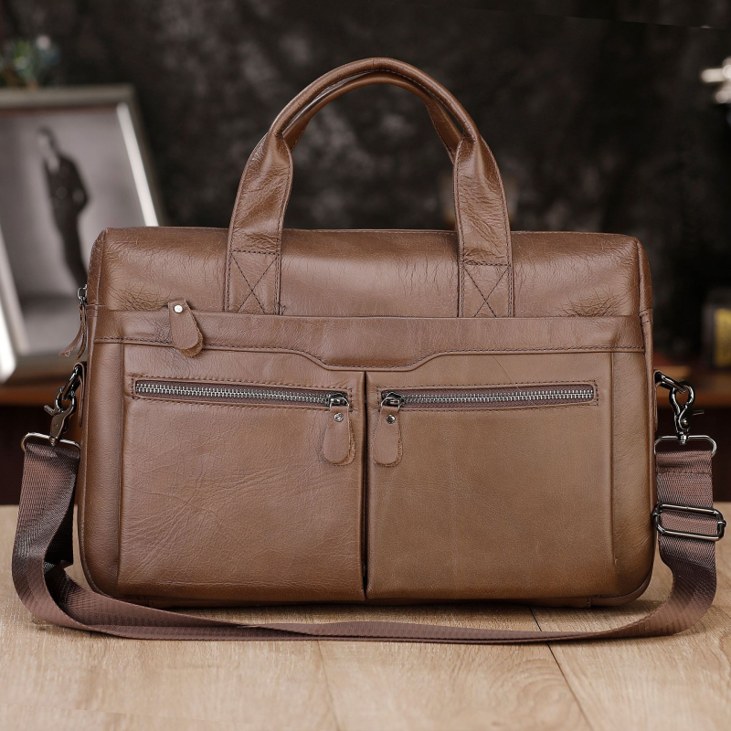 Geantă de afaceri din piele de vită de primă mână, cu curea de umăr pentru bărbați, mare capacitate, compatibilă cu laptop 15 inch, rezistentă la uzură (Material: piele de vită de primă mână; Compatibil cu laptopul: 15 inch; Stil: călătorii de afaceri; Cap