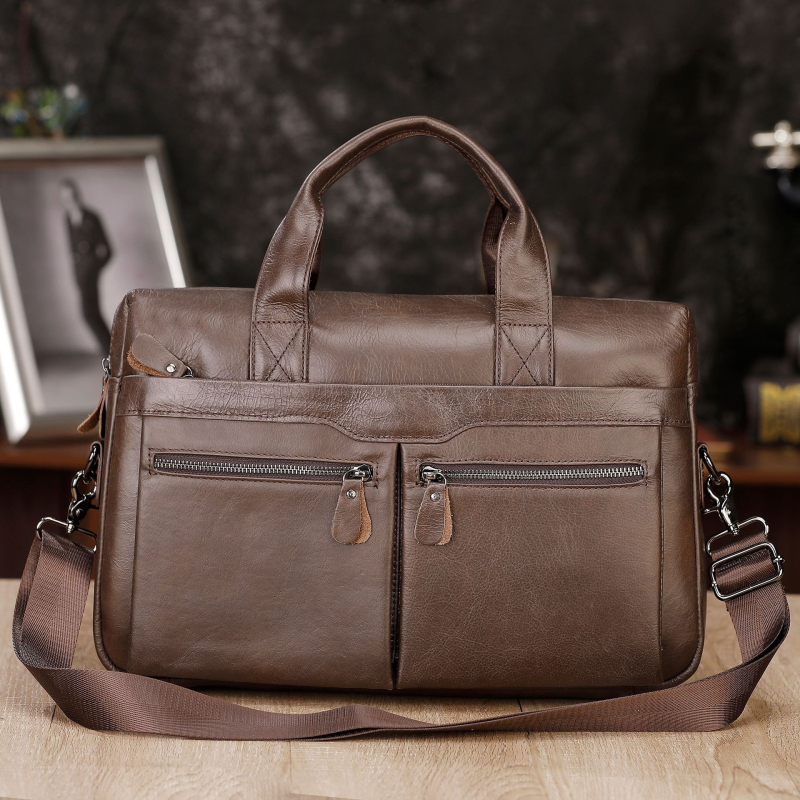 Geantă de afaceri din piele de vită de primă mână, cu curea de umăr pentru bărbați, mare capacitate, compatibilă cu laptop 15 inch, rezistentă la uzură (Material: piele de vită de primă mână; Compatibil cu laptopul: 15 inch; Stil: călătorii de afaceri; Cap