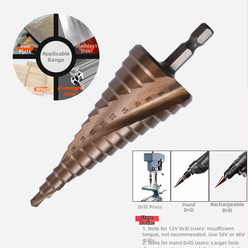 Пагода стил стъпково бурово свредло с прави канали, HSS, за неръждаема стомана и алуминий