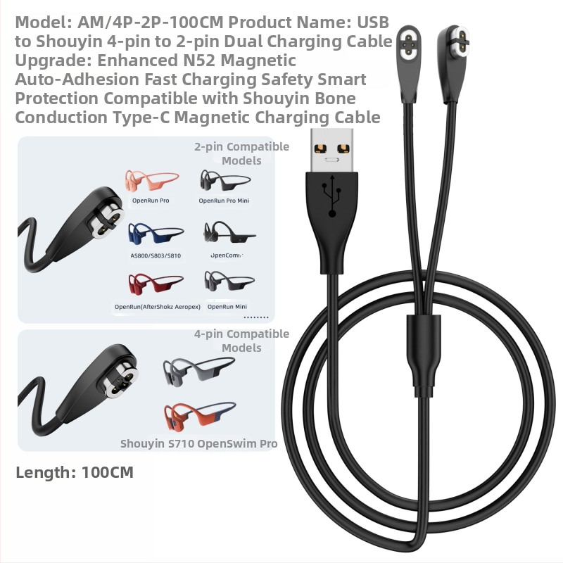 Maginis įkrovimo laidas kaulų laidumo Bluetooth ausinėms (USB-A/ USB-C sąsaja; Suderinama su Shaoyin AS800/S803/S810; Modelis Bsw-AS800; Prekė Besivo/Baisiwo)