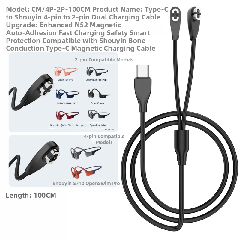 Maginis įkrovimo laidas kaulų laidumo Bluetooth ausinėms (USB-A/ USB-C sąsaja; Suderinama su Shaoyin AS800/S803/S810; Modelis Bsw-AS800; Prekė Besivo/Baisiwo)
