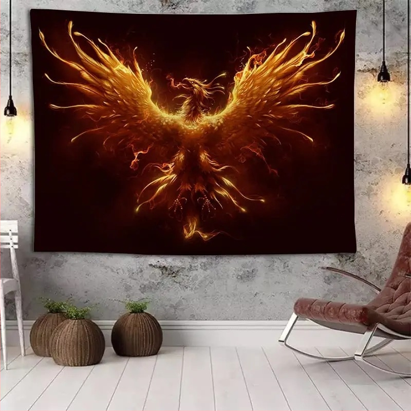 Tapiserie de perete: Fenix fantastic și păsări zburătoare, decor pentru perete, model peisaj, fibre de poliester, 100% poliester, personalizabil