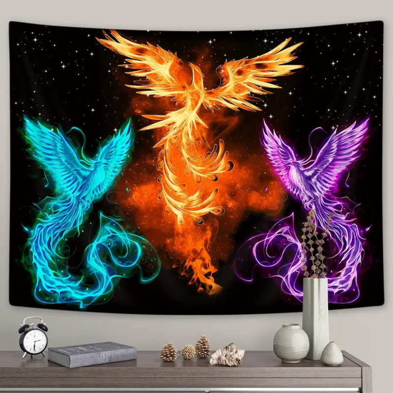 Tapiserie de perete: Fenix fantastic și păsări zburătoare, decor pentru perete, model peisaj, fibre de poliester, 100% poliester, personalizabil