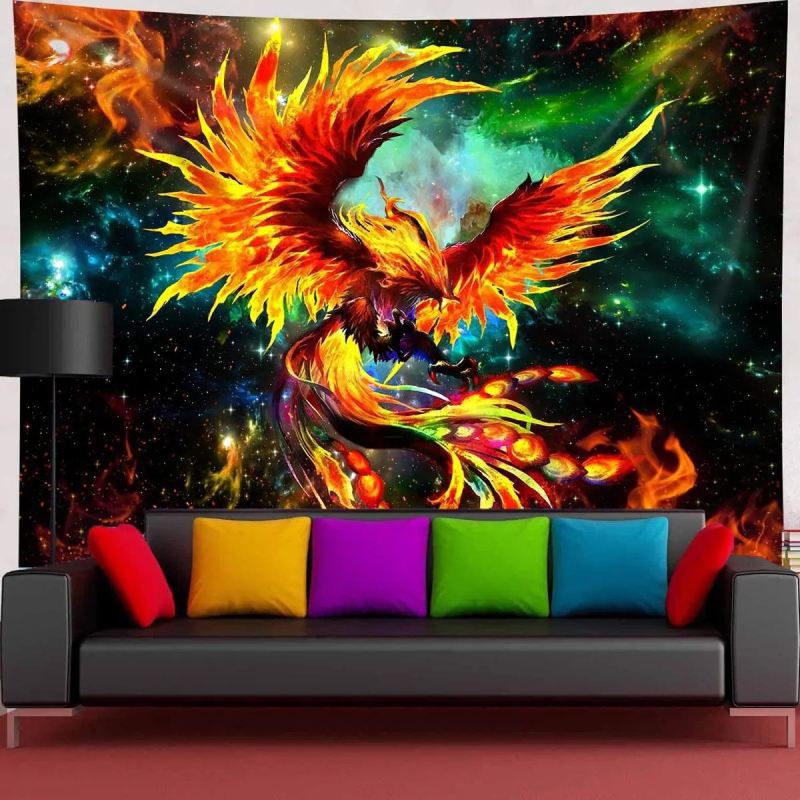 Tapiserie de perete: Fenix fantastic și păsări zburătoare, decor pentru perete, model peisaj, fibre de poliester, 100% poliester, personalizabil