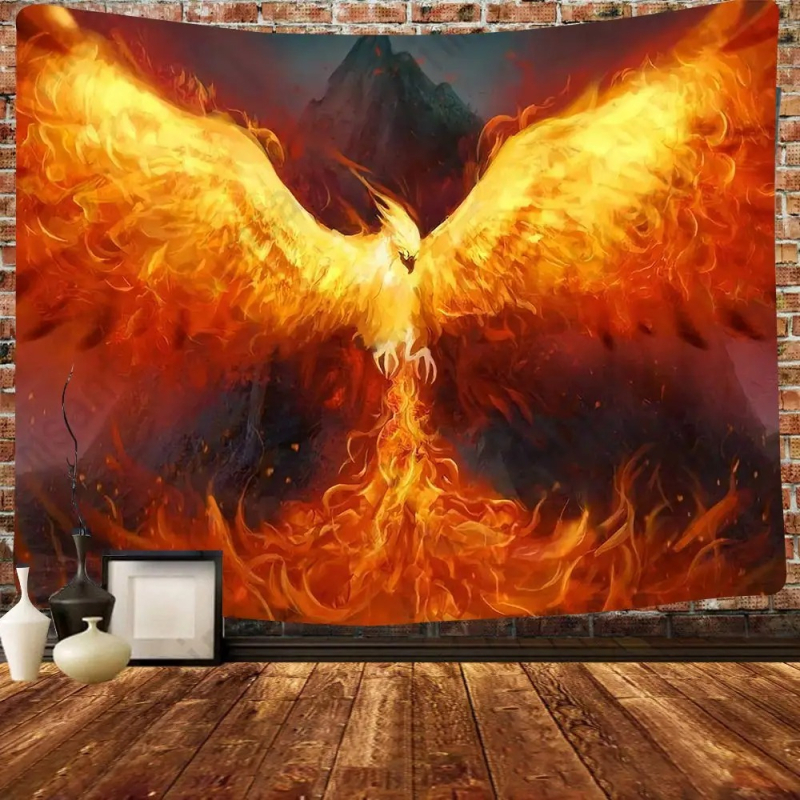 Tapiserie de perete: Fenix fantastic și păsări zburătoare, decor pentru perete, model peisaj, fibre de poliester, 100% poliester, personalizabil