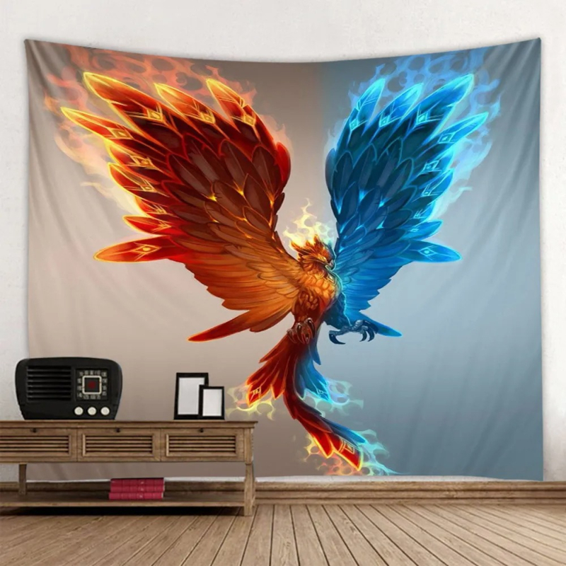 Tapiserie de perete: Fenix fantastic și păsări zburătoare, decor pentru perete, model peisaj, fibre de poliester, 100% poliester, personalizabil