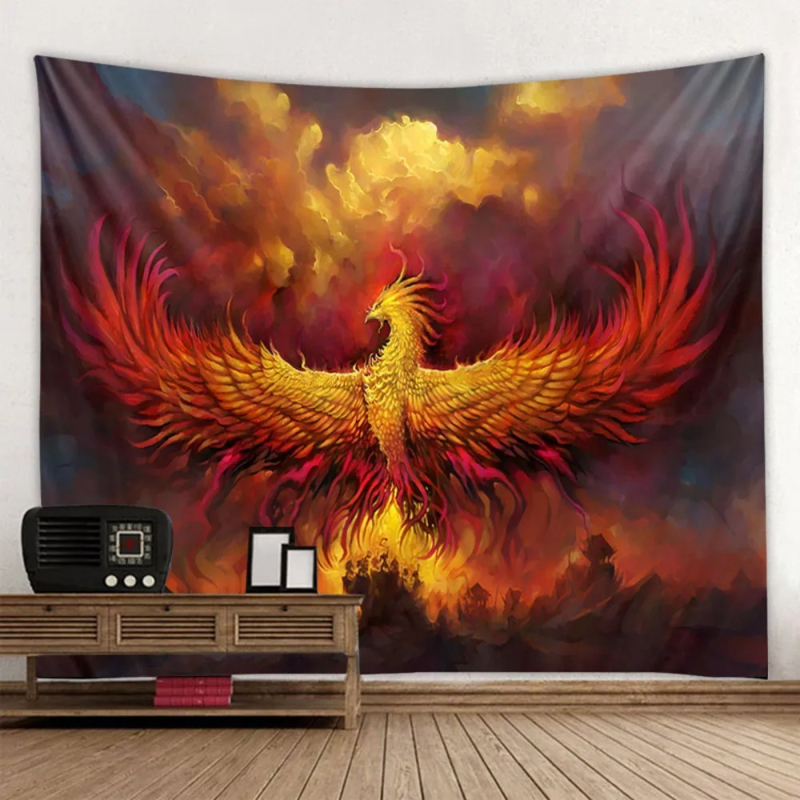 Tapiserie de perete: Fenix fantastic și păsări zburătoare, decor pentru perete, model peisaj, fibre de poliester, 100% poliester, personalizabil