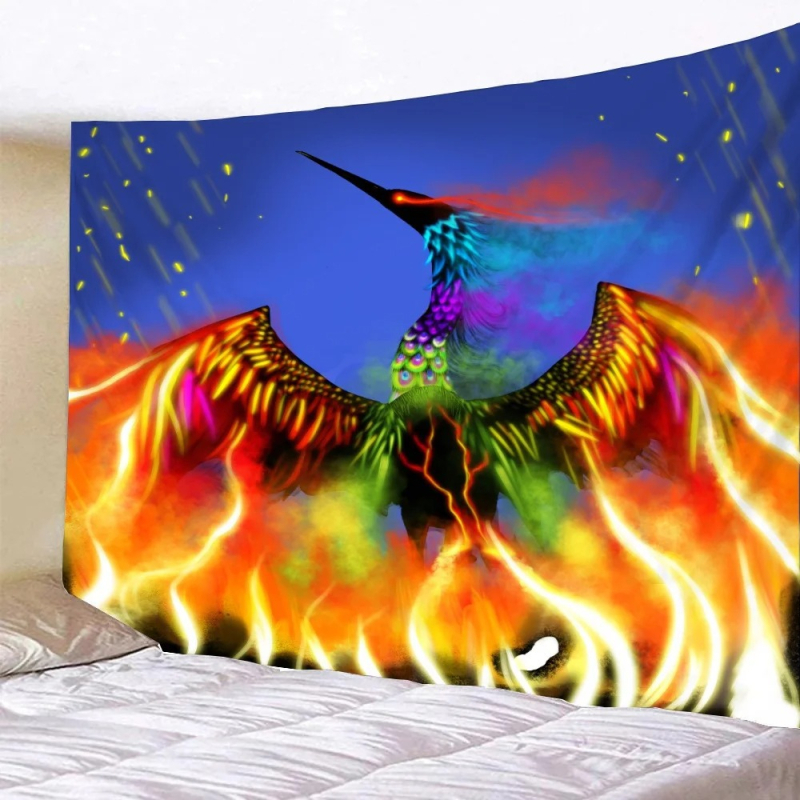 Tapiserie de perete: Fenix fantastic și păsări zburătoare, decor pentru perete, model peisaj, fibre de poliester, 100% poliester, personalizabil