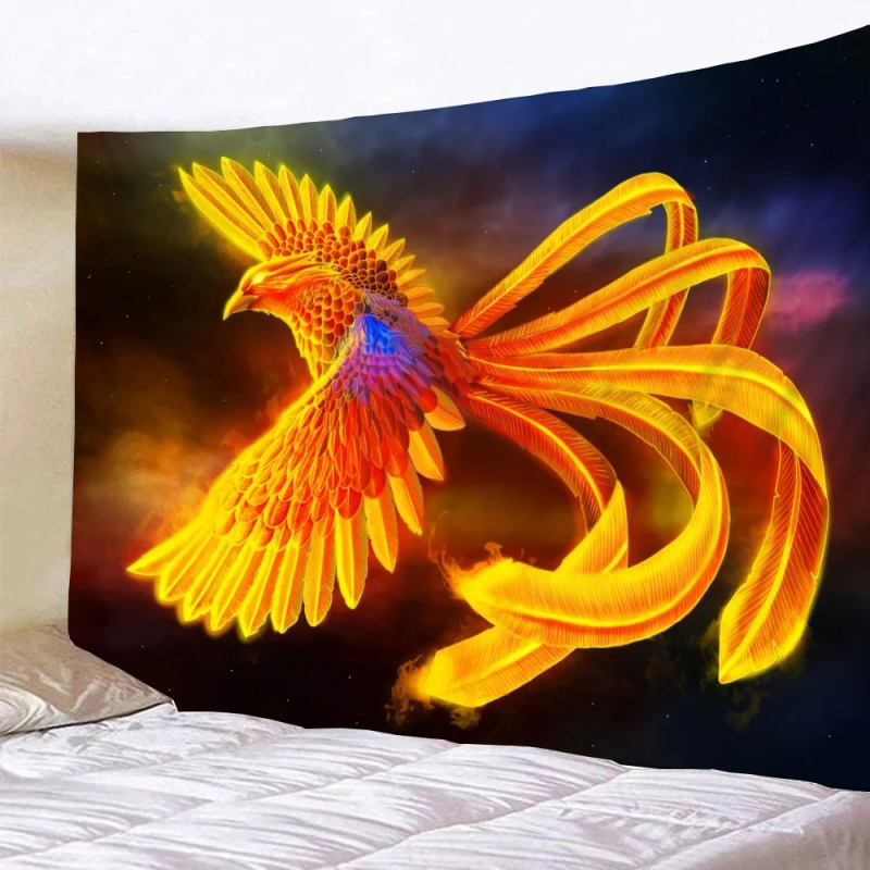 Tapiserie de perete: Fenix fantastic și păsări zburătoare, decor pentru perete, model peisaj, fibre de poliester, 100% poliester, personalizabil