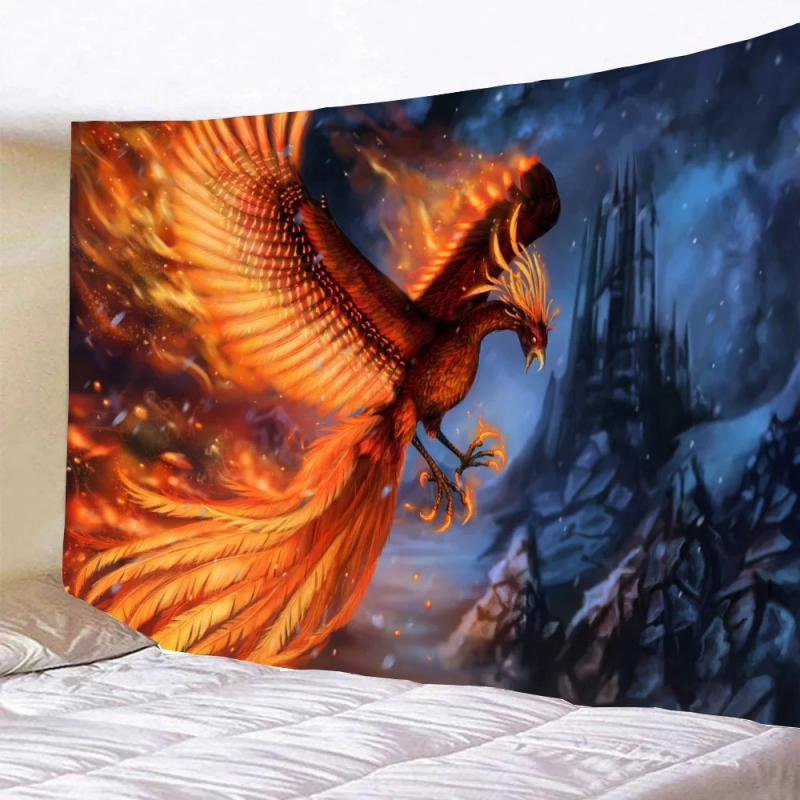 Tapiserie de perete: Fenix fantastic și păsări zburătoare, decor pentru perete, model peisaj, fibre de poliester, 100% poliester, personalizabil