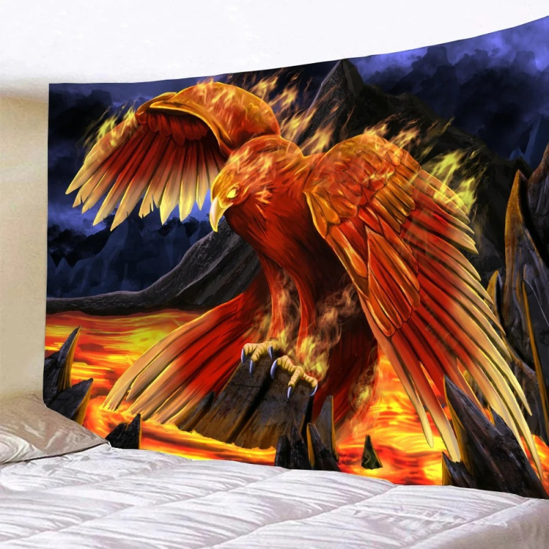 Tapiserie de perete: Fenix fantastic și păsări zburătoare, decor pentru perete, model peisaj, fibre de poliester, 100% poliester, personalizabil