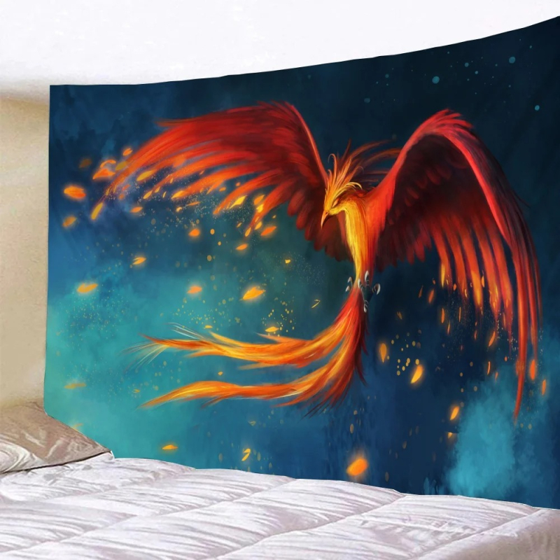 Tapiserie de perete: Fenix fantastic și păsări zburătoare, decor pentru perete, model peisaj, fibre de poliester, 100% poliester, personalizabil