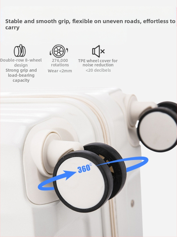 Νέα πολυλειτουργική αποσκευή με αθόρυτους τροχούς, USB θύρα, αντι-κλοπή και κλείδωμα με κωδικό· ABS+PC υλικό, πολυεστερική επένδυση, βάρος 4 kg, άνοιγμα με φερμουάρ.