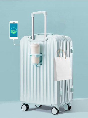 Νέα πολυλειτουργική αποσκευή με αθόρυτους τροχούς, USB θύρα, αντι-κλοπή και κλείδωμα με κωδικό· ABS+PC υλικό, πολυεστερική επένδυση, βάρος 4 kg, άνοιγμα με φερμουάρ.